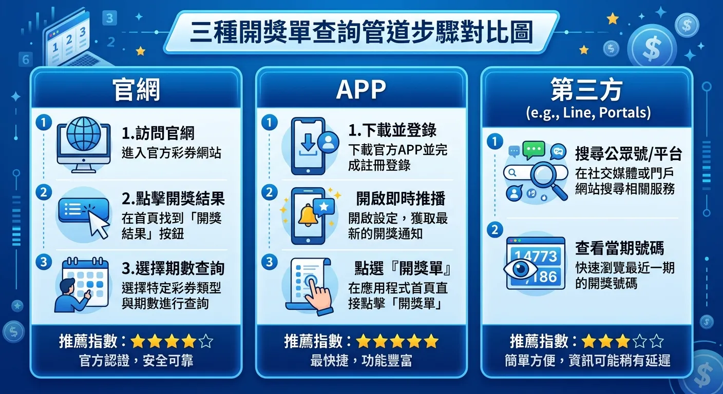 三種開獎單查詢管道步驟對比圖，三欄並排：「官網」3步驟、「APP」3步驟、「第三方」2步驟，每個步驟用圖示+文字呈現，底部標註推薦指數（星級），配色使用統一的藍色系
