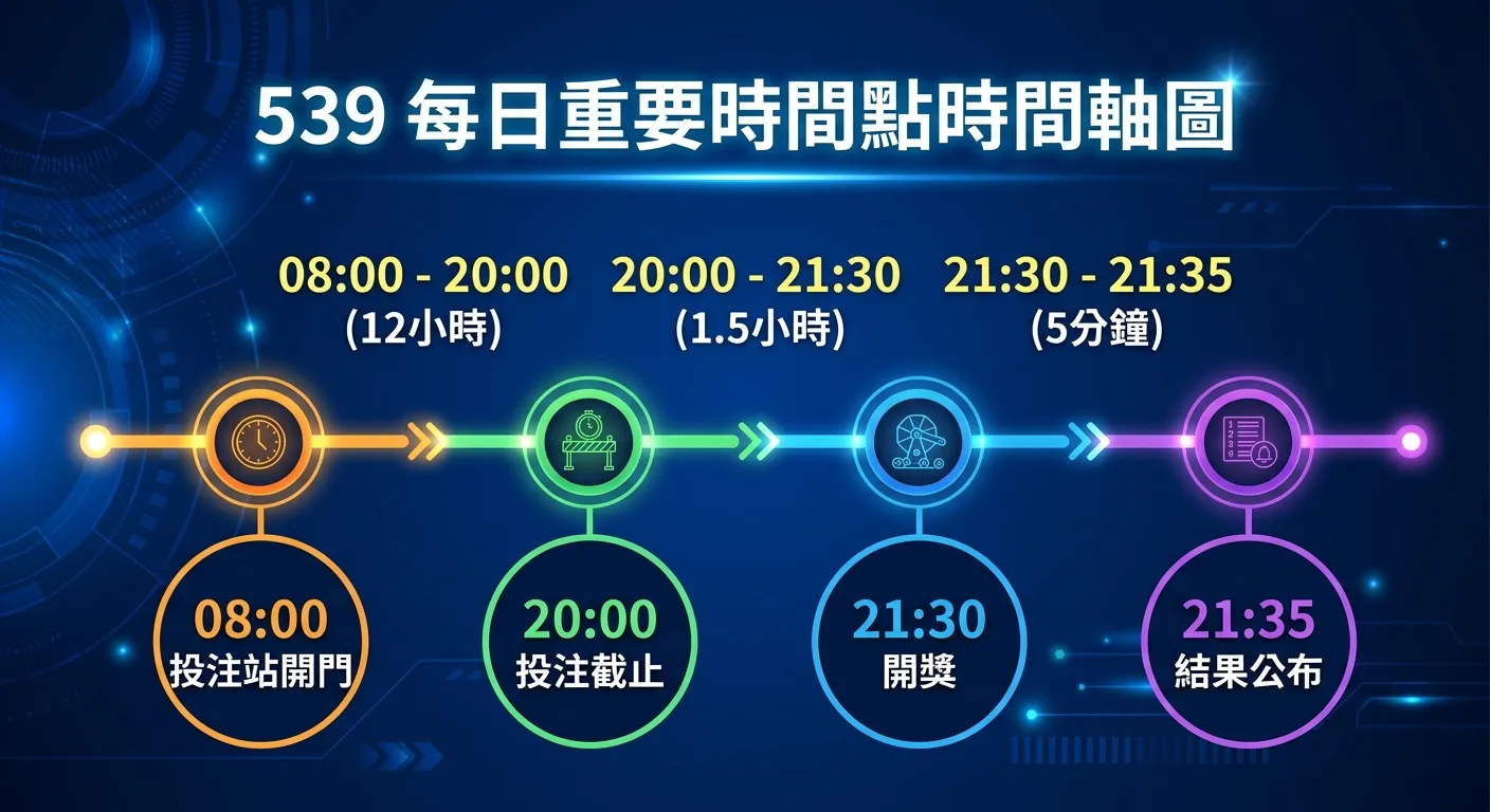 539每日重要時間點時間軸圖，由左到右一條橫軸：「08:00 投注站開門」→「20:00 投注截止」→「21:30 開獎」→「21:35 結果公布」，每個時間點用不同顏色的圓點標示，時間軸上方標註時間間隔，配色使用深藍背景搭配亮色圓點