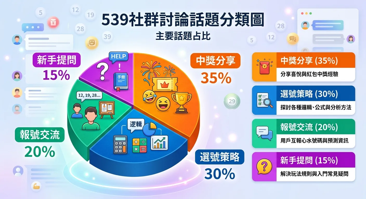 539社群討論話題分類圖，以圓餅圖呈現四種主要話題的占比：中獎分享（35%）、選號策略（30%）、報號交流（20%）、新手提問（15%），每個類別用不同顏色標示，旁邊附簡短說明