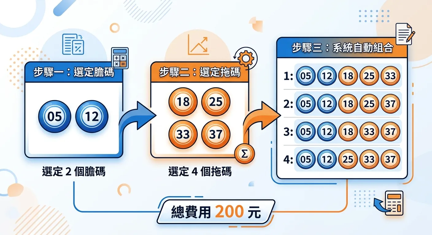539拖牌運作原理流程圖，由左至右三個步驟：步驟一「選定膽碼」（兩個藍色號碼球05、12），步驟二「選定拖碼」（四個橙色號碼球18、25、33、37），步驟三「系統自動組合」（顯示4組完整5碼組合），箭頭連接各步驟，下方標示總費用200元。配色使用藍色與橙色區分膽碼與拖碼。