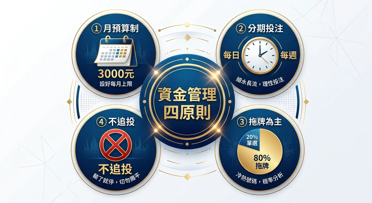 539投注資金管理策略圖，分為四個圓形區塊環繞中心文字「資金管理四原則」：(1)月預算制-日曆圖示搭配3000元標示 (2)分期投注-時鐘圖示搭配每日/每週字樣 (3)拖牌為主-80%拖牌+20%單選的餅圖 (4)不追投-紅色禁止圖示。配色使用深藍與金色。