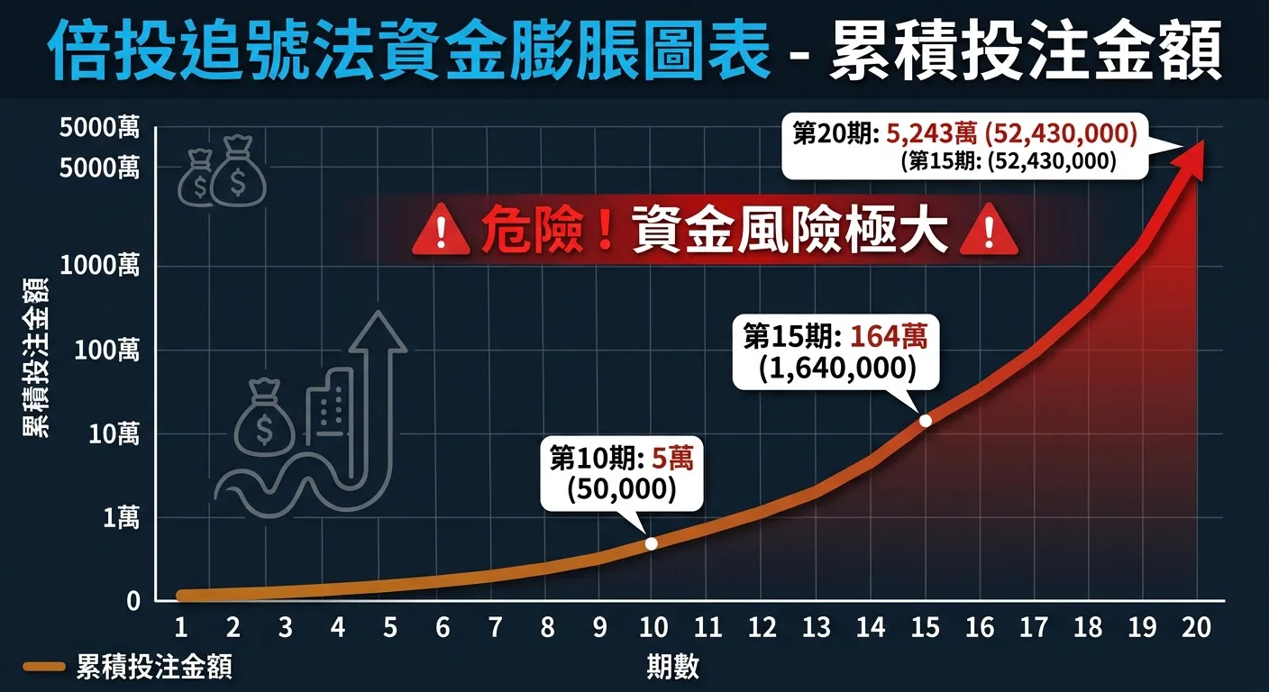 倍投追號法資金膨脹圖表，橫軸為期數（1-20），縱軸為累積投注金額，折線呈指數級上升，關鍵數字標註在折線上（第10期5萬、第15期164萬、第20期5243萬），折線上方標註紅色「危險」警示文字