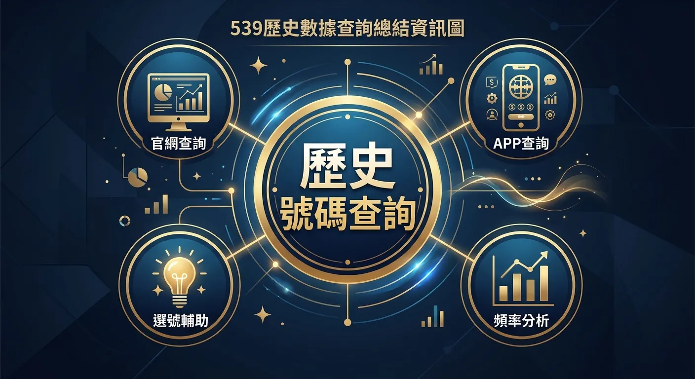 539歷史數據查詢總結資訊圖，中央為大圓形標示「歷史號碼查詢」，周圍環繞四個小圓形：「官網查詢」（電腦圖示）、「APP查詢」（手機圖示）、「頻率分析」（長條圖圖示）、「選號輔助」（燈泡圖示），四個小圓以線條連至中央，配色深藍與金色