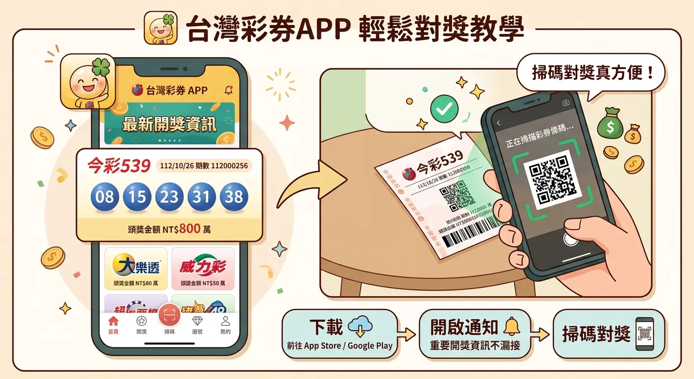 台灣彩券APP操作教學示意圖，左側為APP首頁截圖示意（顯示539開獎區塊），右側為掃碼對獎功能示意（手機掃描彩券條碼），兩側以箭頭連接，下方標註「下載→開啟通知→掃碼對獎」三步驟流程