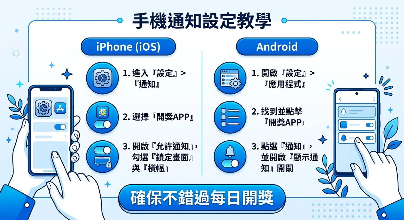 手機設定教學圖，分為iPhone和Android兩欄，每欄列出三個關鍵設定步驟的圖示與文字說明，下方標註「確保不錯過每日開獎」的提醒文字，配色使用藍色與白色的簡潔風格