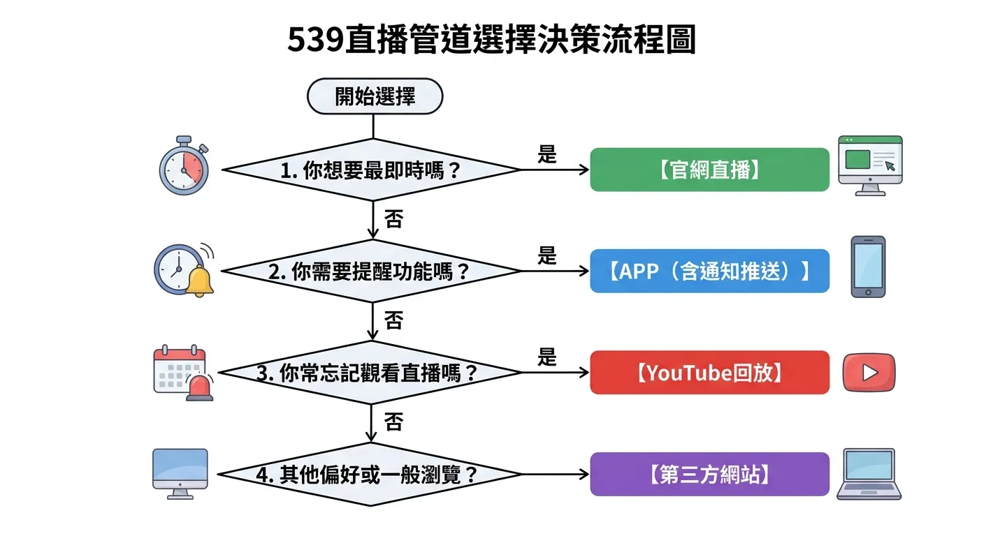 539直播管道選擇決策流程圖，由上至下四個判斷節點：「你想要最即時？」→ 是→官網直播 / 否→「你需要提醒功能？」→ 是→APP / 否→「你常忘記看？」→ 是→YouTube回放 / 否→第三方網站，每個終點用不同顏色的方框標示