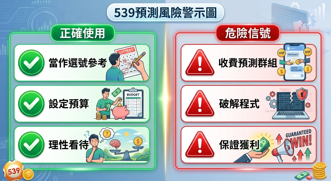 539預測風險警示圖，左右對比兩欄：左欄「正確使用」列出三項（當作選號參考、設定預算、理性看待），搭配綠色勾選圖示；右欄「危險信號」列出三項（收費預測群組、破解程式、保證獲利），搭配紅色警告三角圖示，中央分隔線