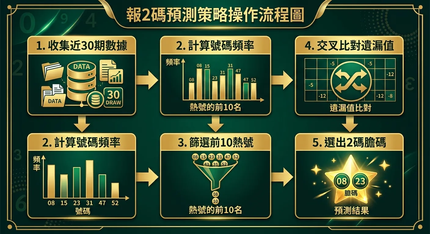 報2碼預測策略操作流程圖，由上至下五個步驟：1.收集近30期數據（資料庫圖示）→ 2.計算號碼頻率（長條圖圖示）→ 3.篩選前10熱號（漏斗圖示）→ 4.交叉比對遺漏值（交叉箭頭圖示）→ 5.選出2碼膽碼（星號圖示），步驟間以箭頭連接，配色金色與深綠
