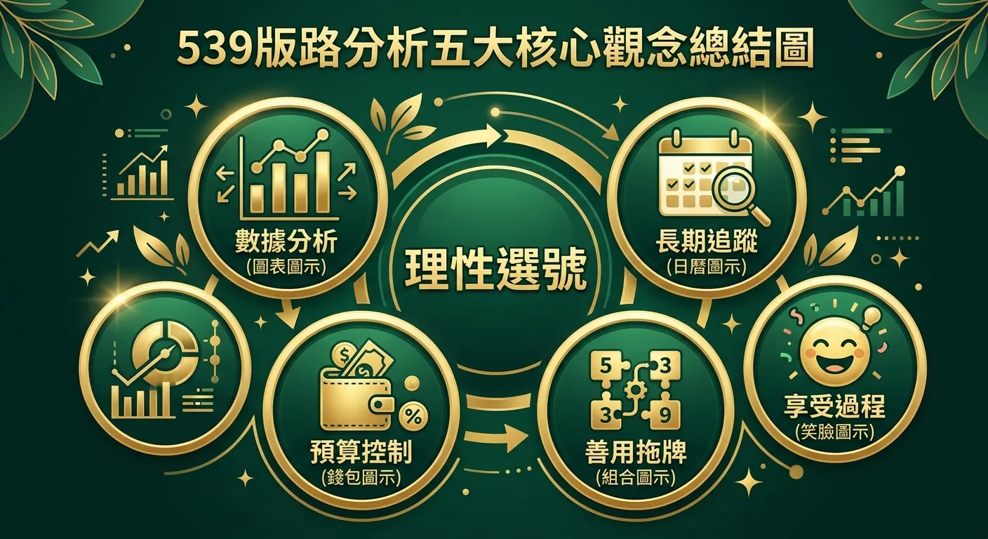 539版路分析五大核心觀念總結圖，五個圓形區塊環繞中心的「理性選號」文字：1.數據分析（圖表圖示）2.預算控制（錢包圖示）3.善用拖牌（組合圖示）4.長期追蹤（日曆圖示）5.享受過程（笑臉圖示），配色使用金色與深綠色系