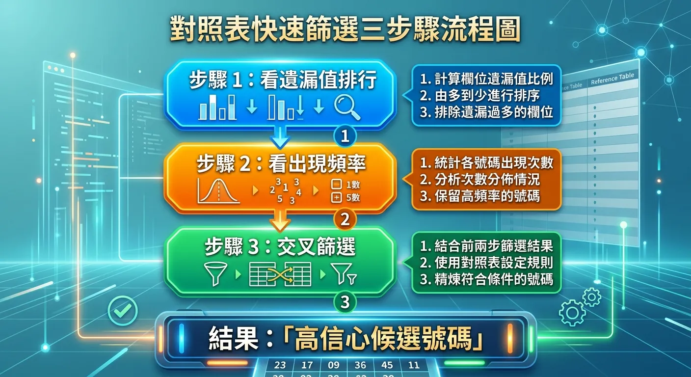 對照表快速篩選三步驟流程圖，從上到下：步驟1「看遺漏值排行」（藍色區塊）→ 步驟2「看出現頻率」（橘色區塊）→ 步驟3「交叉篩選」（綠色區塊），每個步驟旁附有簡短的操作說明，最下方顯示「高信心候選號碼」結果