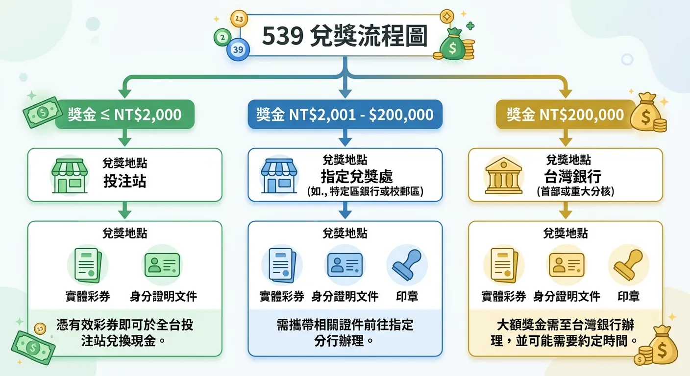 539兌獎流程圖，由上至下三個分支：金額≤2000→投注站兌獎、金額2001-200000→指定兌獎處、金額>200000→台灣銀行，每個分支標示所需文件（彩券、身分證、印章），用不同顏色區分三個等級，配色使用綠色（低額）、藍色（中額）、金色（高額）