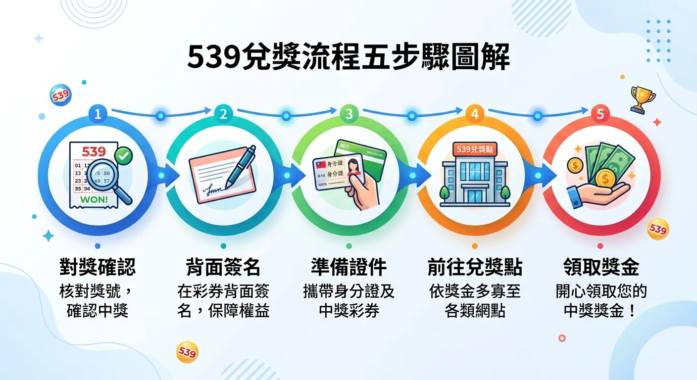 539兌獎流程五步驟圖解，由左至右五個圓形步驟圖示依序連接：1.對獎確認（放大鏡）→2.背面簽名（筆）→3.準備證件（身分證）→4.前往兌獎點（建築物）→5.領取獎金（錢幣），每個步驟下方有簡短說明文字