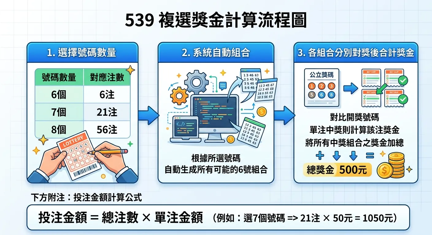 539複選獎金計算流程圖，分三步驟：1.選擇號碼數量（6個→6注、7個→21注、8個→56注），2.系統自動組合，3.各組合分別對獎後合計獎金，每個步驟用方框和箭頭連接，下方附注投注金額計算公式