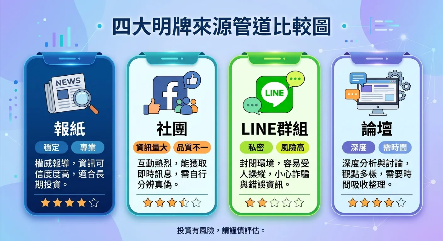 四大明牌來源管道比較圖，四個區塊以卡片形式排列：報紙（報紙圖示，標籤：穩定、專業）、社團（Facebook圖示，標籤：資訊量大、品質不一）、LINE群組（LINE圖示，標籤：私密、風險高）、論壇（電腦圖示，標籤：深度、需時間），每張卡片用星級標示推薦度