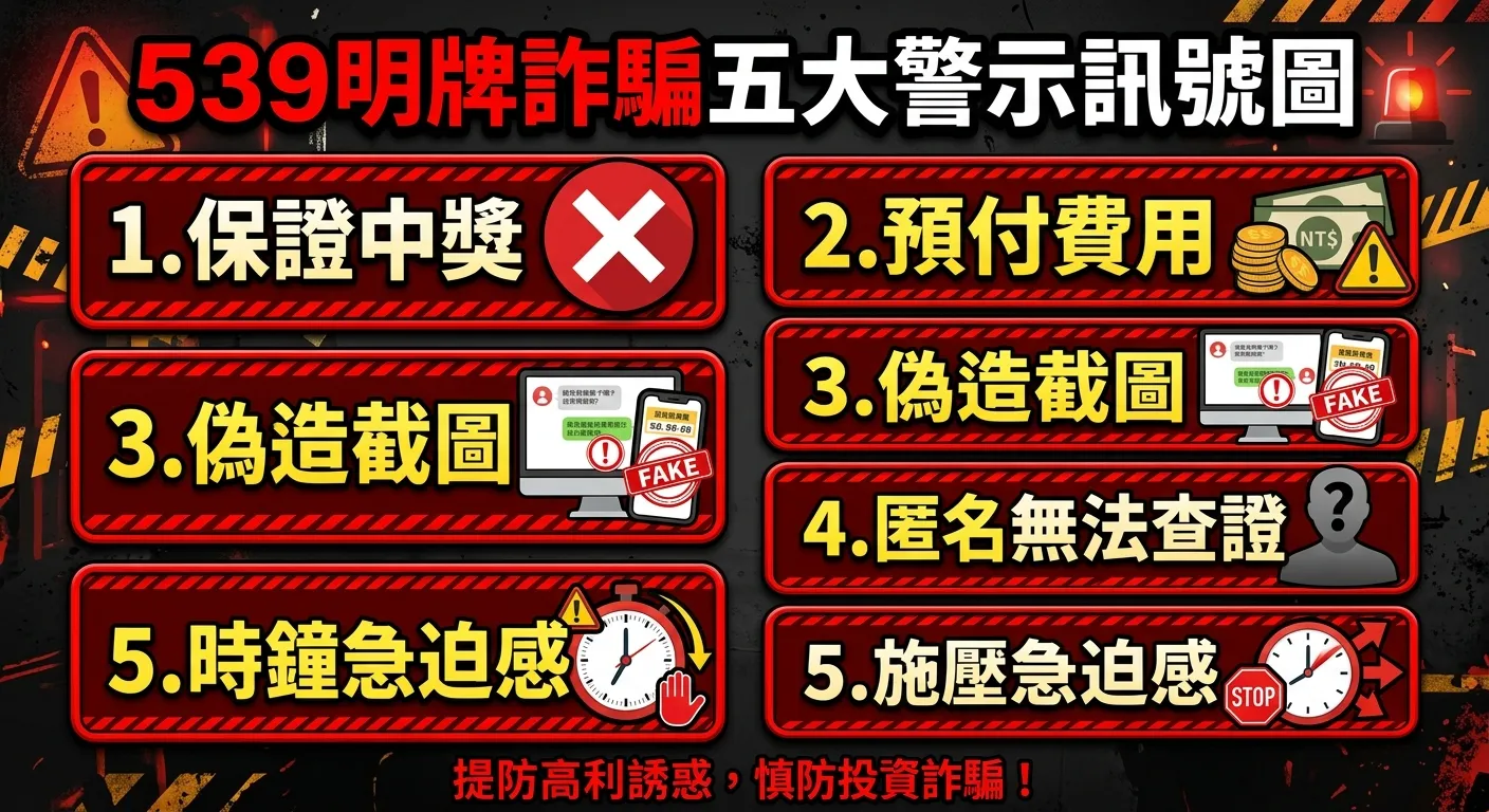 539明牌詐騙五大警示訊號圖，五個紅色警示區塊由上到下排列：1.保證中獎（叉叉圖示）2.預付費用（錢幣警示圖示）3.偽造截圖（圖片警示圖示）4.匿名無法查證（問號人形圖示）5.施壓急迫感（時鐘警示圖示），整體以紅色警示風格呈現