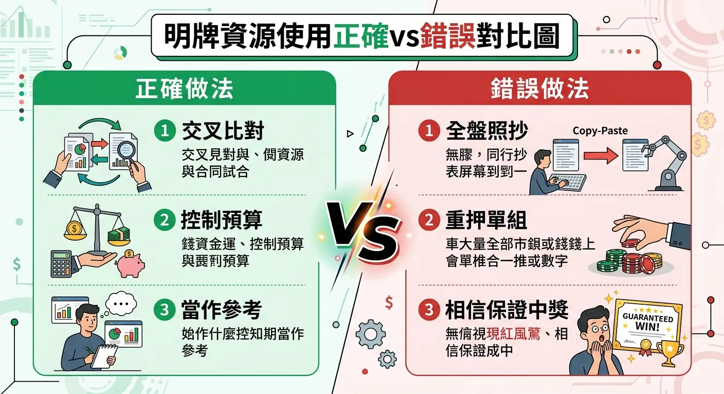 明牌資源使用正確vs錯誤對比圖，左側綠色區塊「正確做法」：交叉比對、控制預算、當作參考；右側紅色區塊「錯誤做法」：全盤照抄、重押單組、相信保證中獎，中間以VS字樣區隔