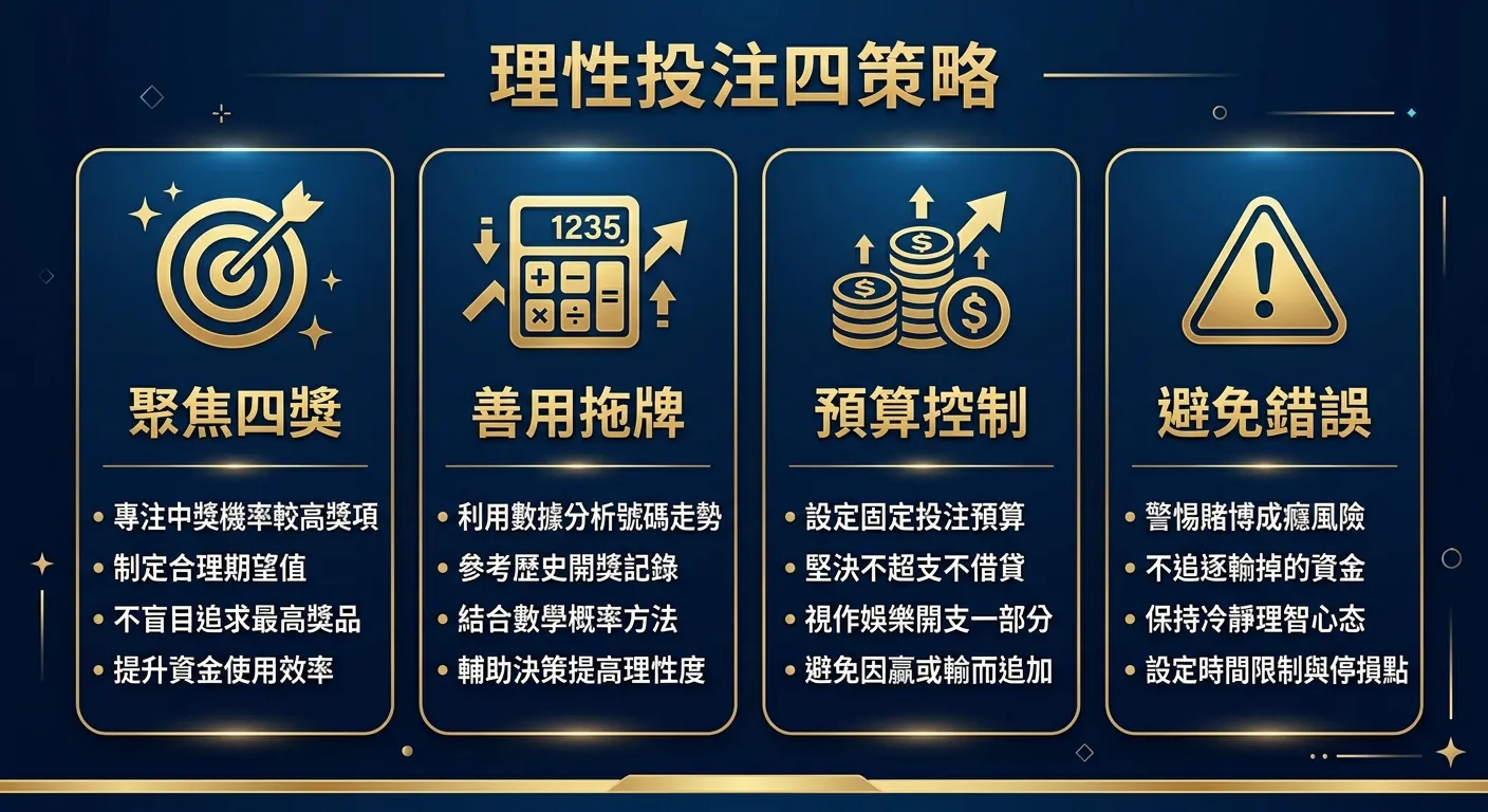 理性投注四策略圖，以四個方框呈現：聚焦四獎（目標圖示）、善用拖牌（計算器圖示）、預算控制（錢幣圖示）、避免錯誤（警告圖示），每個方框下方列出核心建議，整體配色使用金色與深藍
