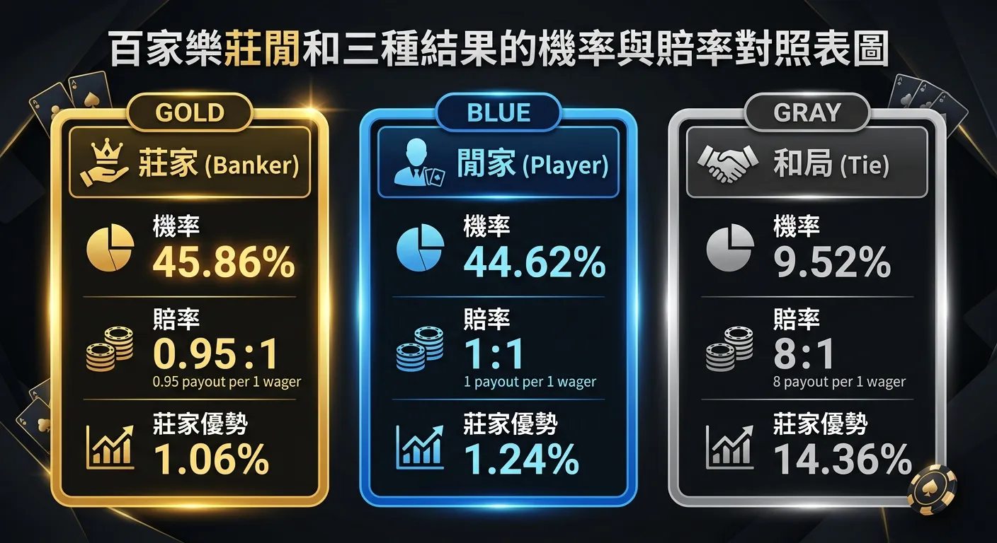 百家樂莊閒和三種結果的機率與賠率對照表圖，以三欄橫向排列：左欄莊家（金色框，45.86%，賠率0.95:1，莊家優勢1.06%）、中欄閒家（藍色框，44.62%，賠率1:1，莊家優勢1.24%）、右欄和局（灰色框，9.52%，賠率8:1，莊家優勢14.36%），每欄包含機率、賠率、莊家優勢三項數據
