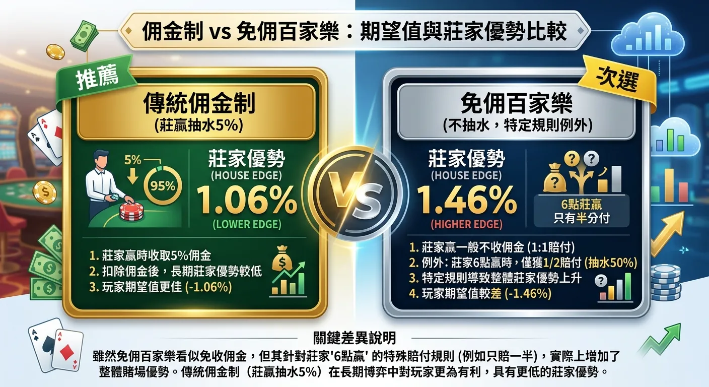 佣金制vs免佣百家樂期望值比較圖，左右對比兩個區塊：左側「傳統佣金制」（金色框，莊家優勢1.06%，標示「推薦」綠色標籤），右側「免佣百家樂」（銀色框，莊家優勢1.46%，標示「次選」黃色標籤），中間用VS符號分隔，下方附註說明關鍵差異