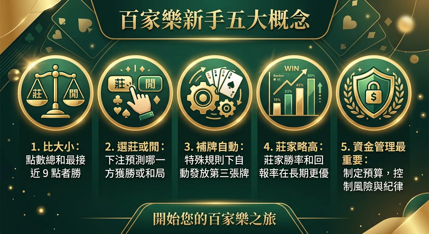 百家樂新手五大概念資訊圖，五個圓形圖示由左至右排列：(1)天秤圖示「比大小」(2)手指點擊圖示「選莊或閒」(3)齒輪圖示「補牌自動」(4)柱狀圖圖示「莊家略高」(5)盾牌圖示「資金管理最重要」，每個圖示下方有一行說明文字，配色金色與深綠