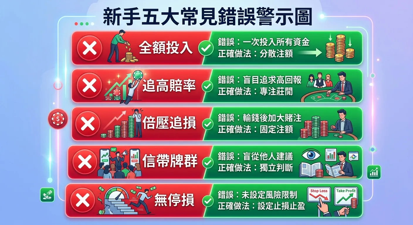 新手五大常見錯誤警示圖，五個區塊由上至下排列，每個區塊左側為紅色叉叉圖示，右側為錯誤描述和正確做法：(1)全額投入→分散注額 (2)追高賠率→專注莊閒 (3)倍壓追損→固定注額 (4)信帶牌群→獨立判斷 (5)無停損→設定止損止盈，配色紅色警示搭配綠色建議