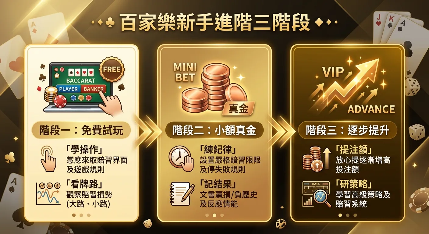 百家樂新手進階三階段圖，以三個橫向排列的卡片呈現：左卡「免費試玩」（螢幕圖示，標註學操作、看牌路），中卡「小額真金」（銅幣圖示，標註練紀律、記結果），右卡「逐步提升」（上升箭頭圖示，標註提注額、研策略），三張卡片之間有漸進箭頭連接，配色由淺到深金色漸層