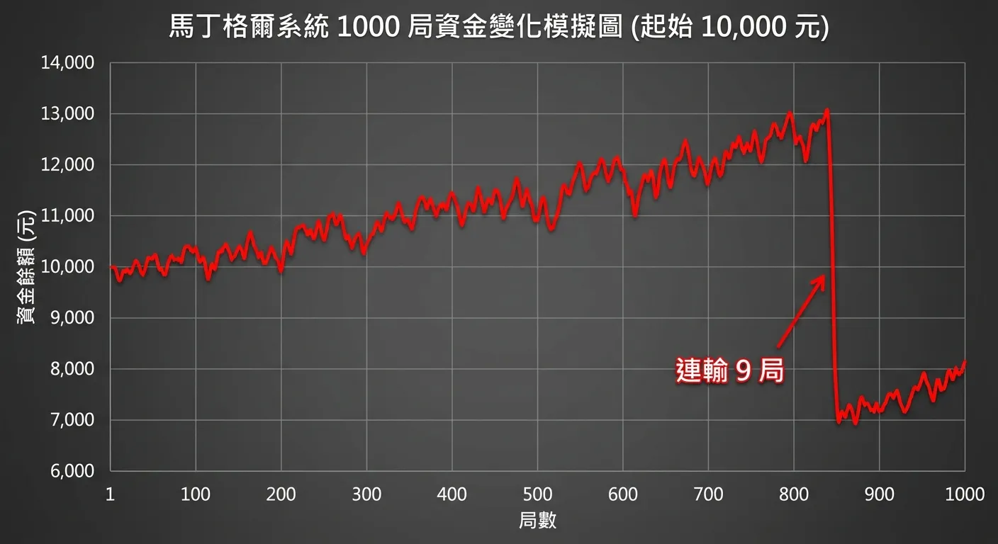 馬丁格爾系統 1000 局資金變化模擬圖，橫軸為局數（1-1000），縱軸為資金餘額（起始 10,000 元），折線呈現前 800 局穩步上升（最高約 13,000 元），然後在約第 850 局出現一次急劇下跌（跌至約 7,000 元），之後緩慢恢復，標注關鍵事件點「連輸 9 局」，紅色折線搭配深灰背景