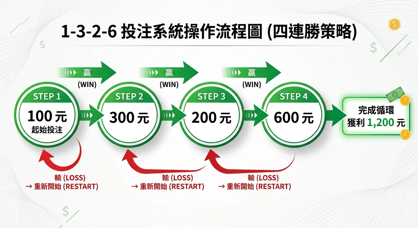 1-3-2-6 投注系統操作流程圖，四個圓形步驟由左至右排列：Step 1（100元）→ Step 2（300元）→ Step 3（200元）→ Step 4（600元），每步之間以綠色箭頭連接表示「贏」，每步下方有紅色箭頭指向最左邊表示「輸→重新開始」，右側標注「完成循環獲利 1,200 元」，配色使用綠色（贏）和紅色（輸）