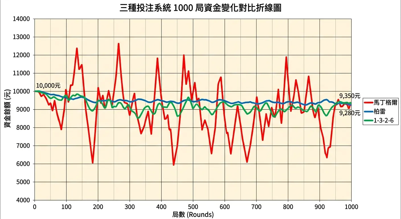 三種投注系統 1000 局資金變化對比折線圖，橫軸局數 1-1000，縱軸資金餘額 4000-14000 元，三條折線：馬丁格爾（紅色，波動劇烈有明顯的尖峰和深谷）、柏雷（藍色，相對平穩的小幅波動）、1-3-2-6（綠色，波動介於兩者之間），起始點均為 10,000 元，終點均在 9,200-9,400 元附近，右側圖例標示三種系統名稱