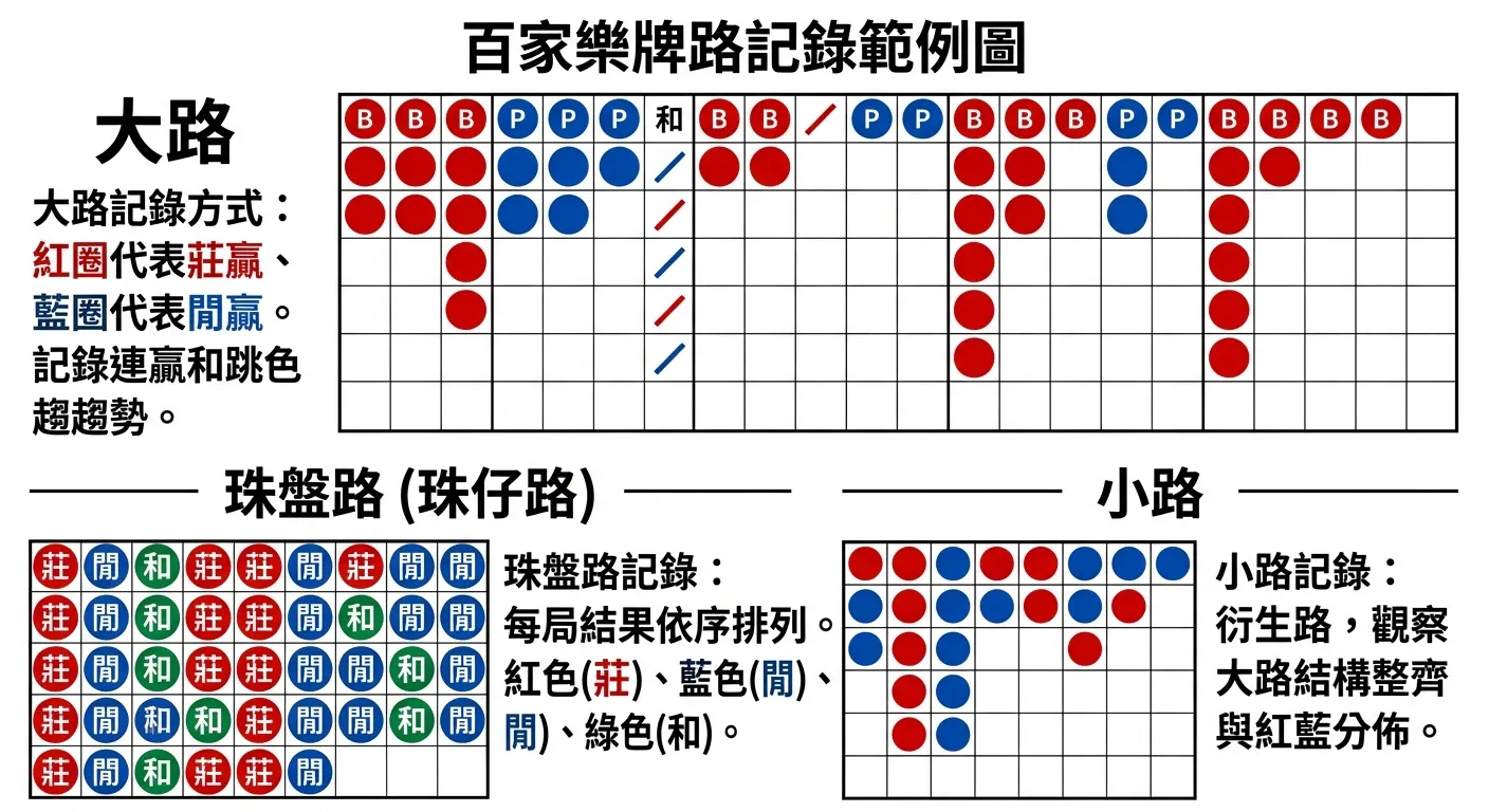 百家樂牌路記錄範例圖，上方展示一段大路記錄（紅色圓圈代表莊贏、藍色圓圈代表閒贏，交錯排列），下方分別展示珠盤路與小路的記錄方式，每種牌路旁附簡短文字標註說明，白底紅藍配色