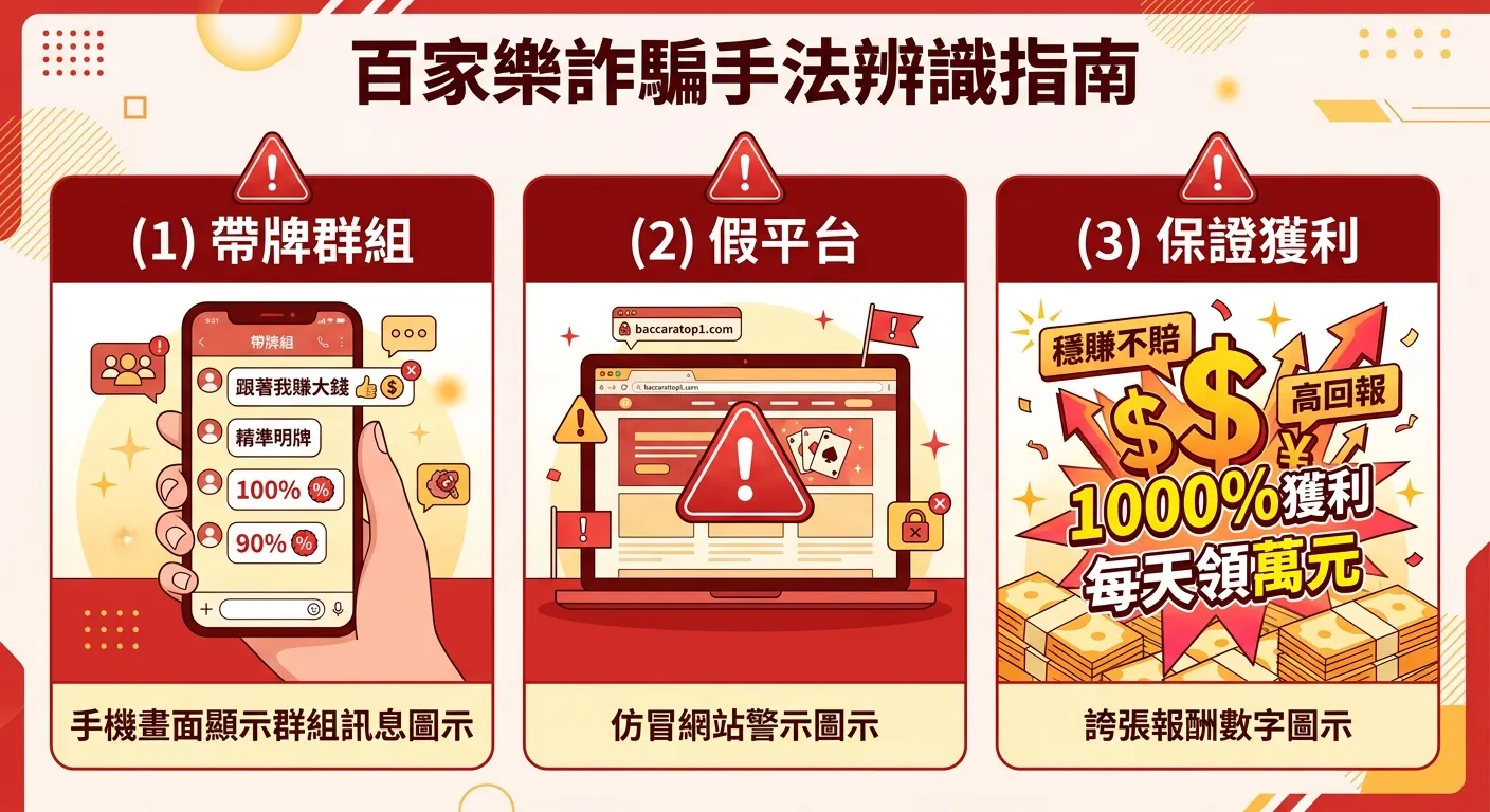 百家樂詐騙手法辨識指南，三個區塊分別展示：(1) 帶牌群組——手機畫面顯示群組訊息圖示 (2) 假平台——仿冒網站警示圖示 (3) 保證獲利——誇張報酬數字圖示，每個區塊上方標示紅色警示三角圖示，紅黃色系配色
