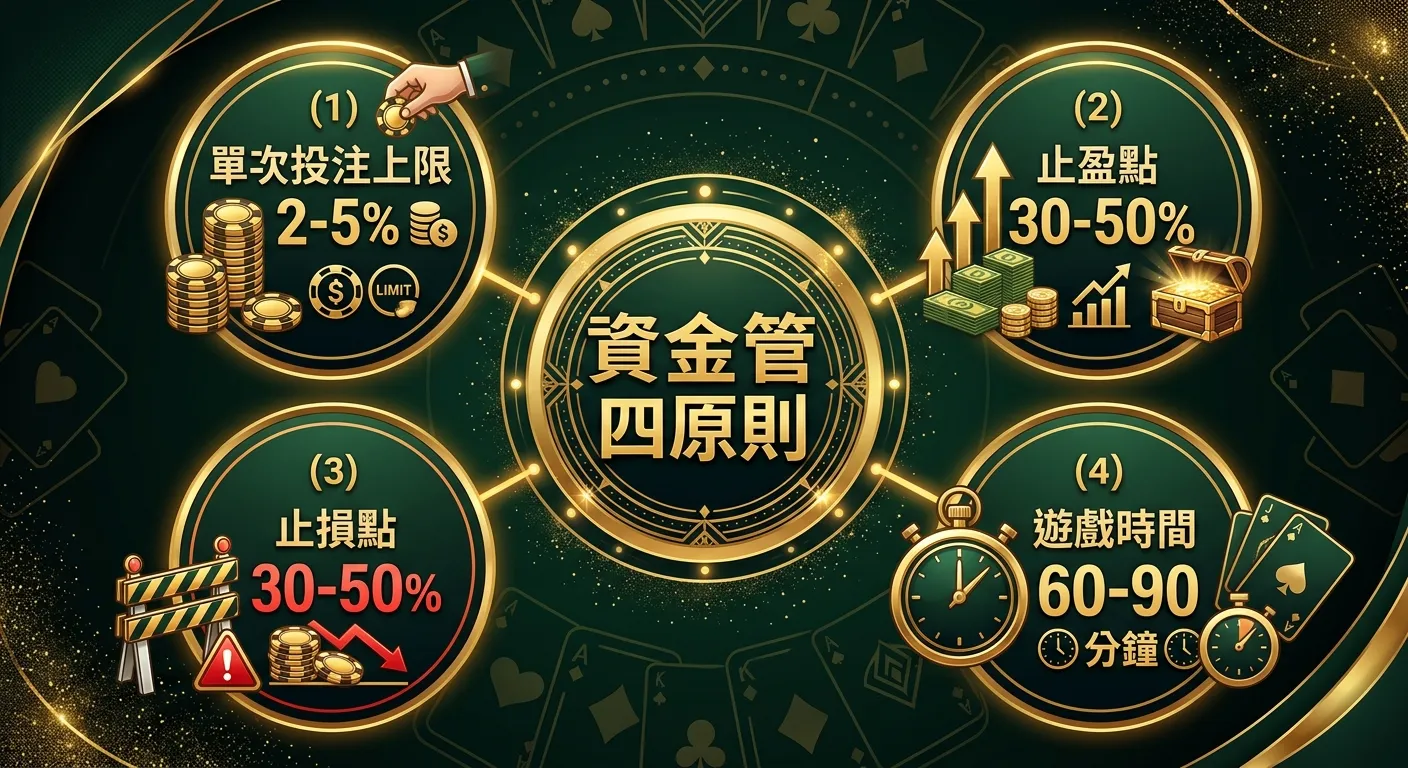 百家樂資金管理策略圖，分為四個圓形區塊：(1) 單次投注上限 2-5% (2) 止盈點 30-50% (3) 止損點 30-50% (4) 遊戲時間 60-90 分鐘，中央標示「資金管理四原則」文字，配色使用金色與深綠色系