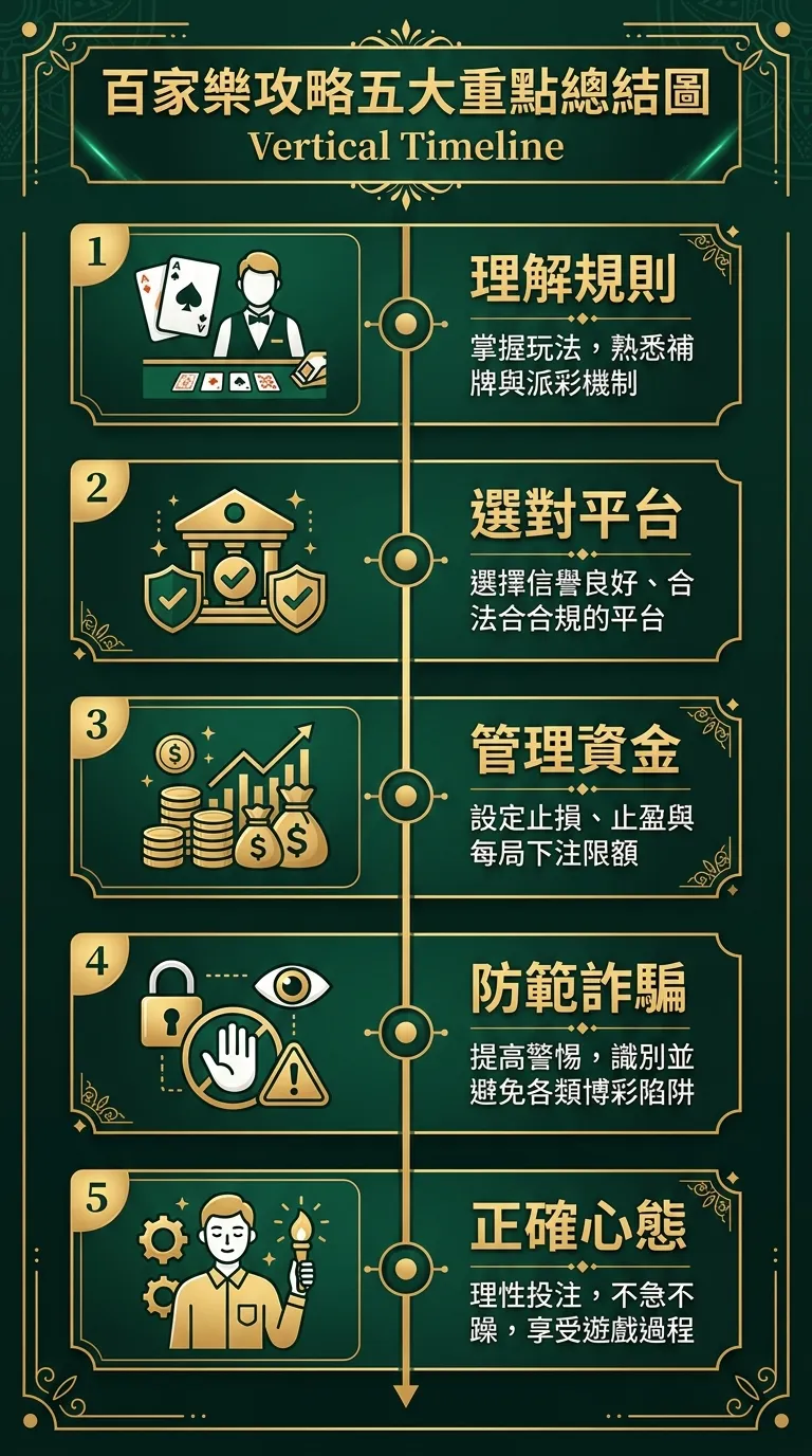 百家樂攻略五大重點總結圖，以垂直時間軸形式呈現五個步驟：理解規則、選對平台、管理資金、防範詐騙、正確心態，每個步驟用圖示加一句摘要文字，配色使用金色與深綠色系