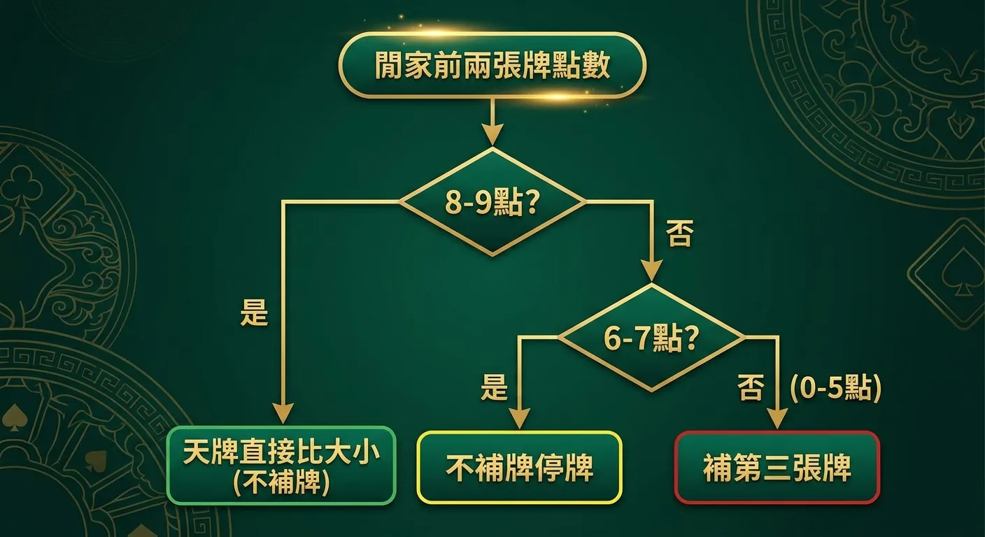 閒家補牌規則流程圖，由上至下判斷流程：起點「閒家前兩張牌點數」→ 判斷菱形框「8-9點？」→ 是：天牌直接比大小（綠色終點框）→ 否：判斷菱形框「6-7點？」→ 是：不補牌停牌（黃色終點框）→ 否（0-5點）：補第三張牌（紅色終點框），箭頭連接各步驟，配色金色與深墨綠