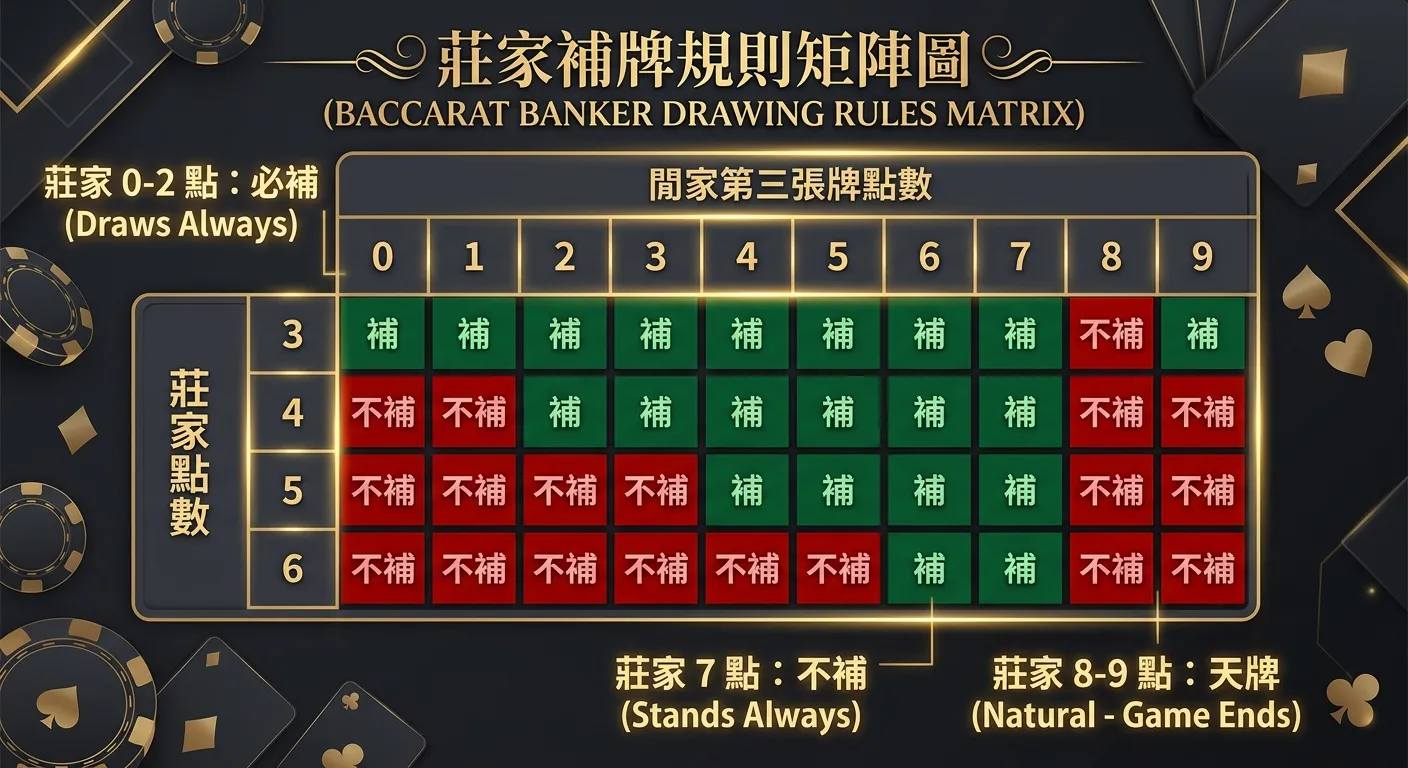 莊家補牌規則矩陣圖，以表格形式呈現，橫軸為閒家第三張牌點數（0-9），縱軸為莊家點數（3-6），格子內用深綠色標「補」、紅色標「不補」，表格外圍標示莊家0-2點「必補」、7點「不補」、8-9點「天牌」的規則。整體配色金色標題與深灰背景