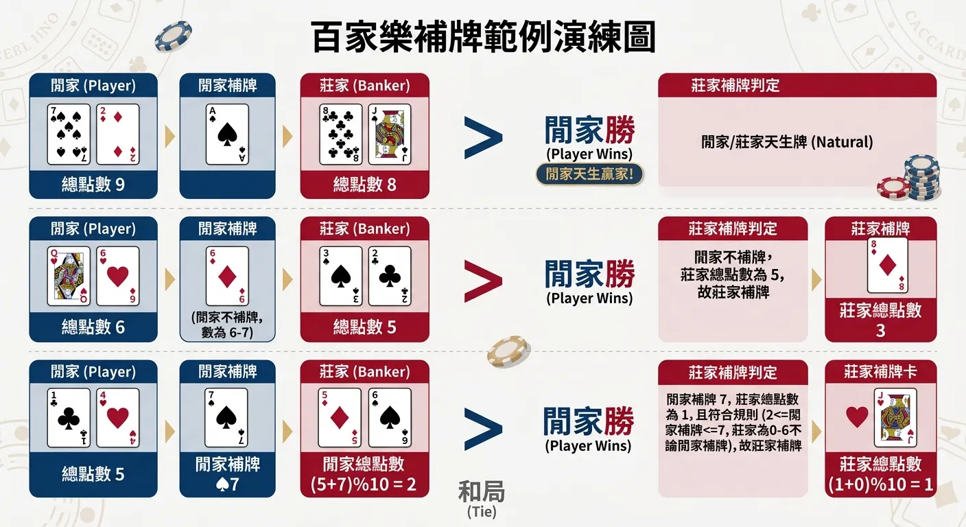 百家樂補牌範例演練圖，展示三組不同牌局情境，每組用步驟拆解：左側顯示閒家兩張初始牌+補牌（如有）+最終點數，右側顯示莊家兩張初始牌+補牌判定結果+最終點數，中央用大於/小於符號顯示勝負結果，配色使用藍色代表閒家、紅色代表莊家