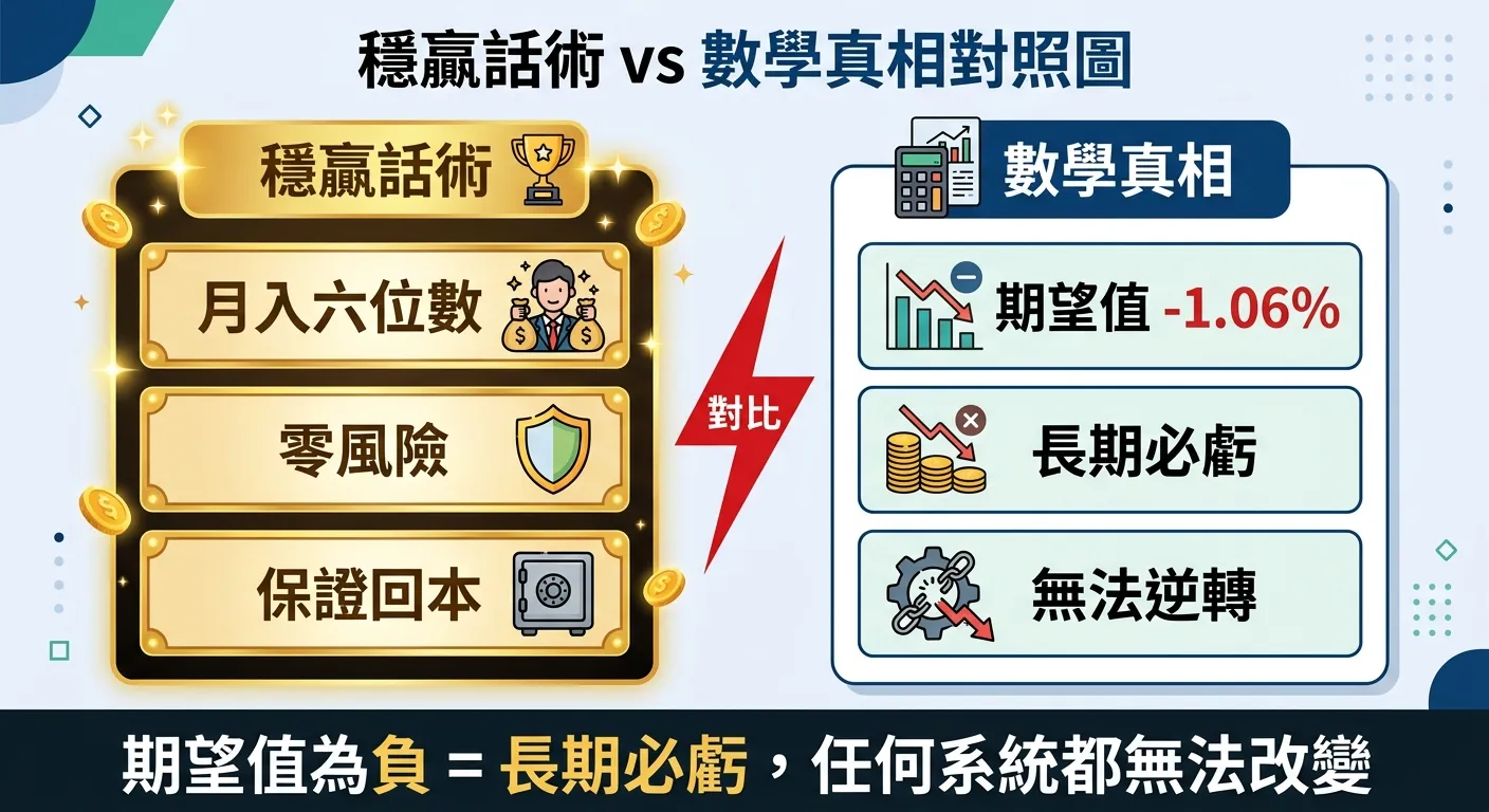 穩贏話術 vs 數學真相對照圖，左側為一個金色裝飾的「穩贏話術」區塊，列出三個典型宣稱：月入六位數、零風險、保證回本，右側為一個簡潔的「數學真相」區塊，列出：期望值 -1.06%、長期必虧、無法逆轉，中間以紅色閃電符號分隔，下方結論文字「期望值為負 = 長期必虧，任何系統都無法改變」