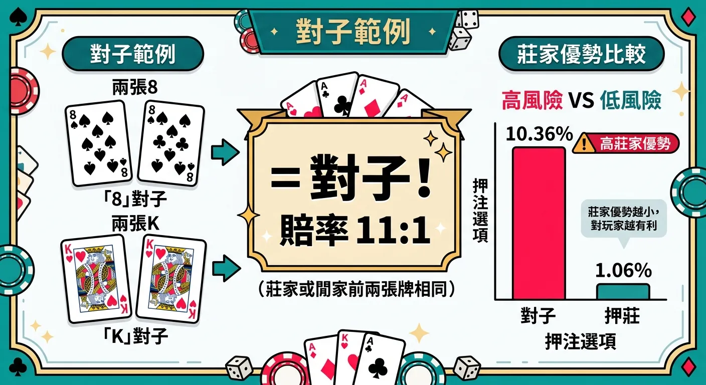 百家樂對子投注說明圖，左側展示兩組對子範例（兩張8的撲克牌、兩張K的撲克牌），中間標示「=對子！賠率11:1」，右側展示莊家優勢比較小柱狀圖（對子10.36% vs 押莊1.06%），用紅色標示對子的高莊家優勢