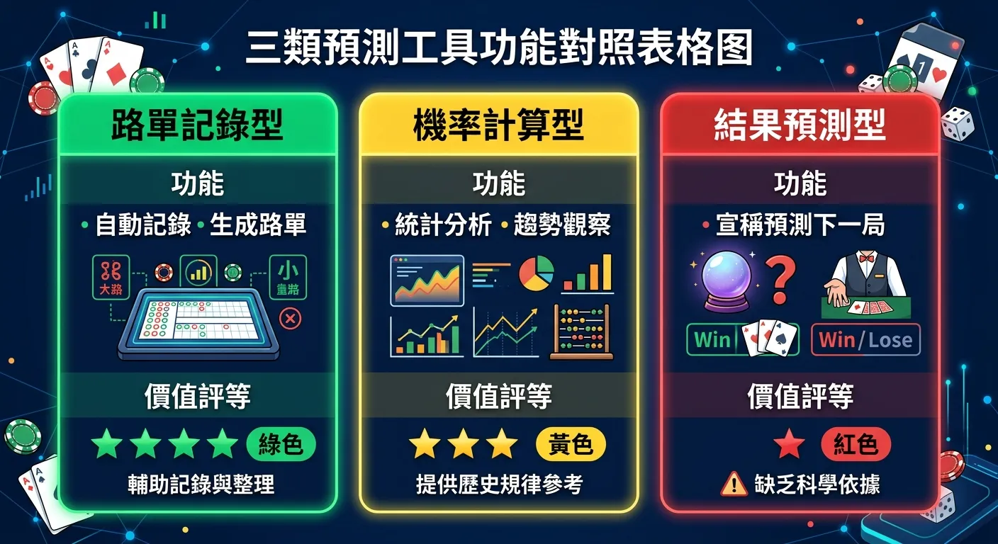 三類預測工具功能對照表格圖，三列分別展示：路單記錄型（功能：自動記錄、生成路單；價值評等：★★★★，綠色），機率計算型（功能：統計分析、趨勢觀察；價值評等：★★★，黃色），結果預測型（功能：宣稱預測下一局；價值評等：★，紅色），配色對應綠黃紅三色