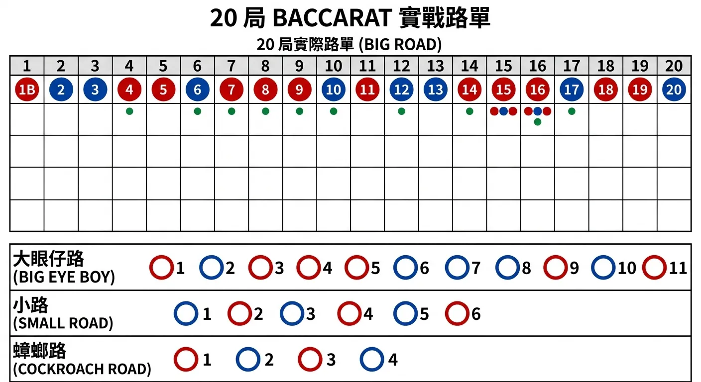 20 局實際路單完整範例圖，上方為填好的大路方格表（紅藍圓圈按照上述 20 局結果排列），下方三行分別為大眼仔路、小路、蟑螂路的推導結果（紅藍空心圓），每個圓圈旁標注序號，配色使用經典紅藍路單色系，白色背景