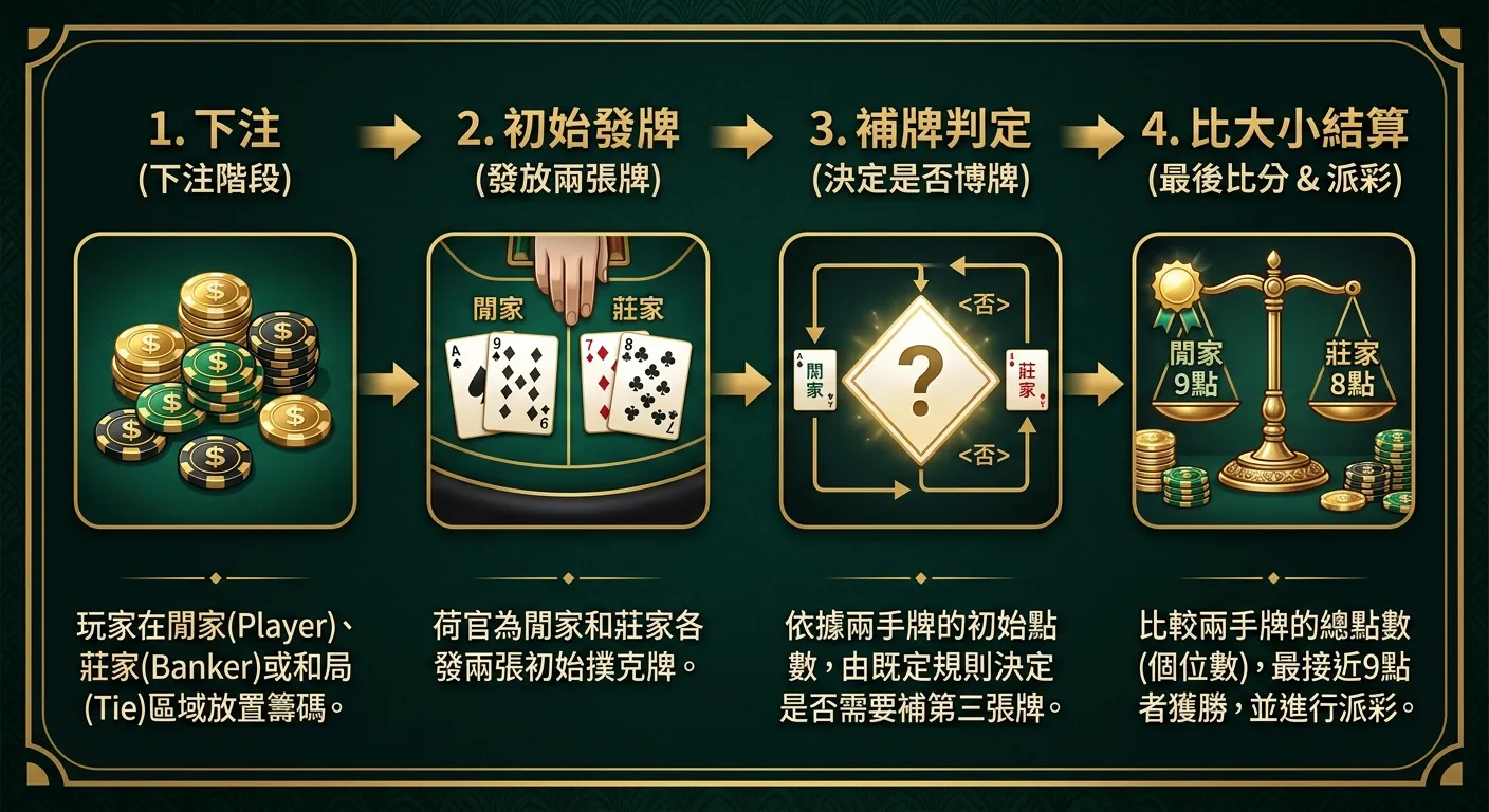 百家樂一局完整流程圖，由左至右四個步驟依序排列：1.下注（籌碼圖示）→ 2.初始發牌（兩組各兩張牌）→ 3.補牌判定（問號菱形判斷框）→ 4.比大小結算（天秤圖示），步驟之間用箭頭連接，下方附簡短文字說明，配色使用金色與深墨綠
