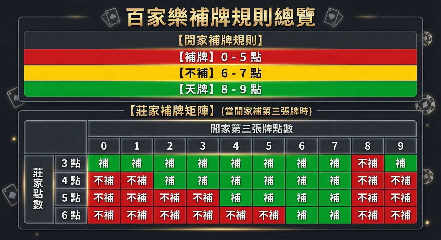 百家樂補牌規則總覽圖表，分為上下兩區：上方「閒家補牌規則」以三色橫條呈現（紅色=0-5補牌、黃色=6-7不補、綠色=8-9天牌），下方「莊家補牌矩陣」以表格形式呈現，橫軸為閒家第三張牌點數0-9，縱軸為莊家點數3-6，格子內以綠色標「補」紅色標「不補」，配色使用金色標題與深灰背景