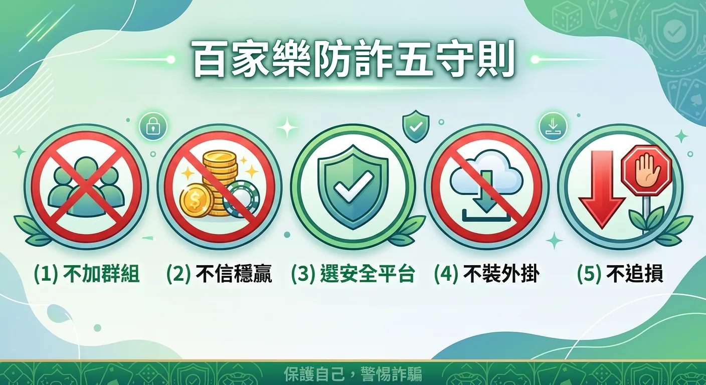百家樂防詐五守則圖，五個圓形圖示由左到右排列：(1) 不加群組——群組圖示加禁止符號 (2) 不信穩贏——金幣加禁止符號 (3) 選安全平台——盾牌勾選圖示 (4) 不裝外掛——下載圖示加禁止符號 (5) 不追損——向下箭頭加停止手勢，每個下方標註守則名稱，綠色安全色調