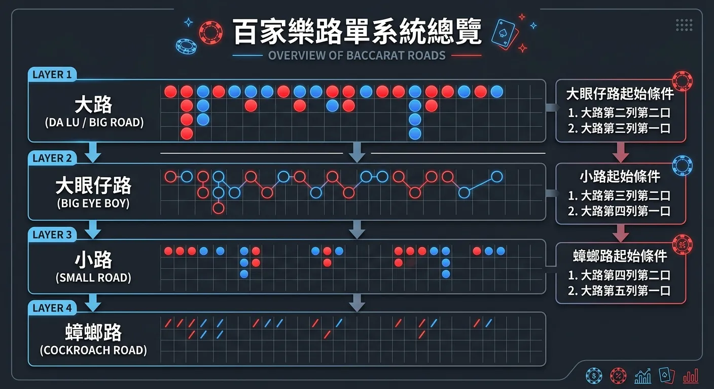 百家樂路單系統總覽資訊圖，分為四層：最上層為大路（紅藍圓圈排列的示範），第二層為大眼仔路（紅藍空心圓），第三層為小路，第四層為蟑螂路，每層之間以箭頭連接表示推導關係，右側標示各路單的起始條件，配色使用紅藍為主色，深灰背景