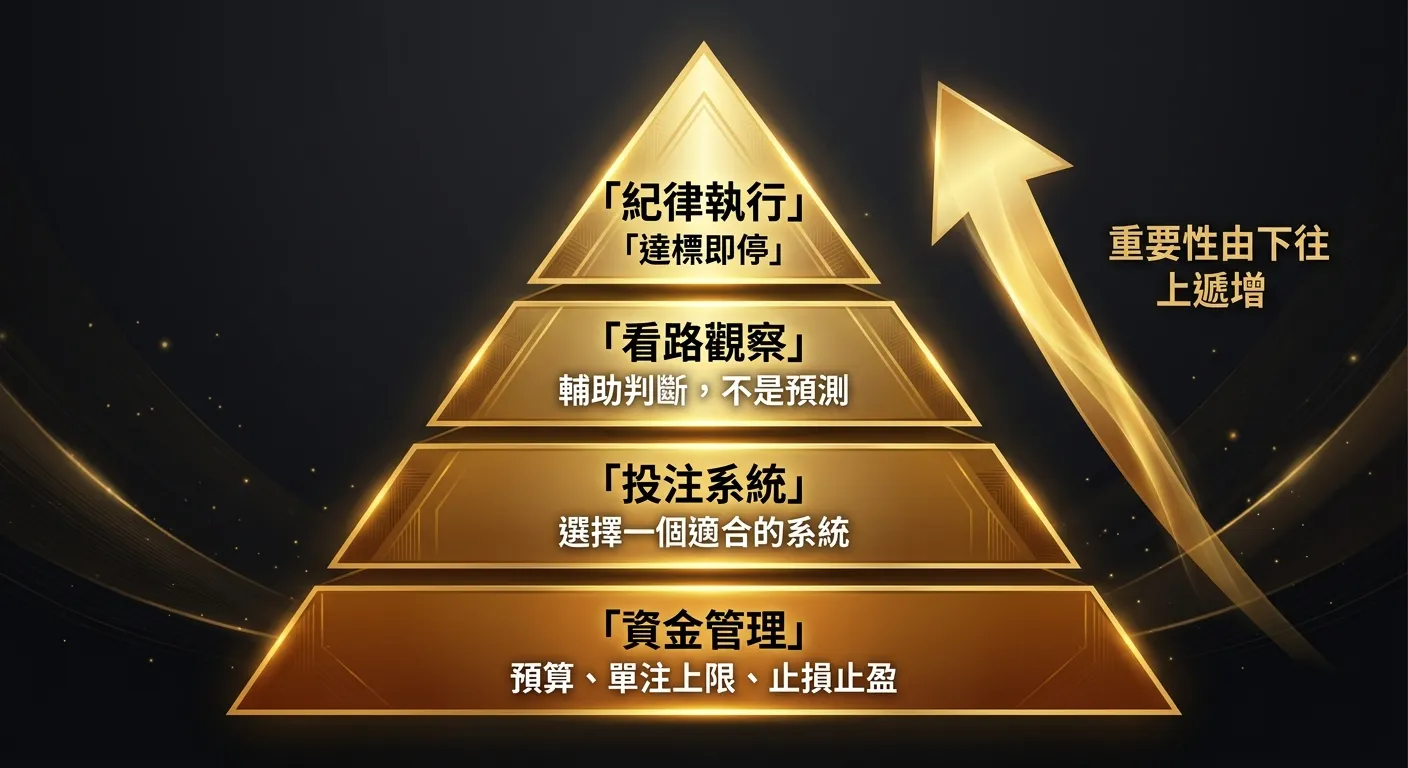 個人百家樂策略框架金字塔圖，由下至上四層：最底層為「資金管理」（最寬，標示預算、單注上限、止損止盈），第二層為「投注系統」（選擇一個適合的系統），第三層為「看路觀察」（輔助判斷，不是預測），最頂層為「紀律執行」（最重要，標示「達標即停」），金字塔旁以箭頭標示「重要性由下往上遞增」，配色使用金色漸層