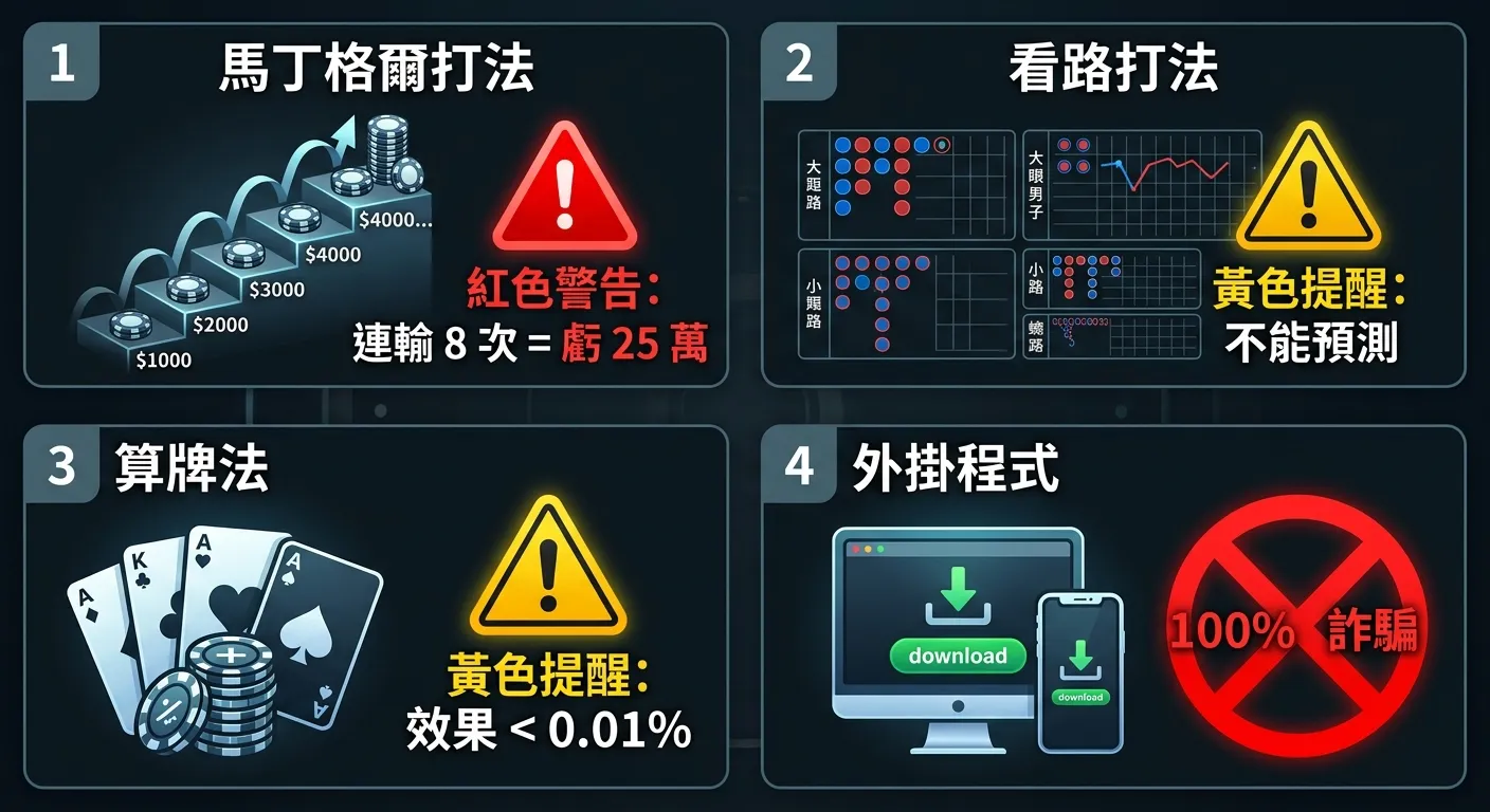 四種百家樂「穩贏打法」破解圖，四個區塊分別展示：(1) 馬丁格爾——向上階梯加紅色警告「連輸 8 次=虧 25 萬」(2) 看路打法——牌路圖加黃色提醒「不能預測」(3) 算牌法——撲克牌加黃色提醒「效果<0.01%」(4) 外掛程式——下載圖示加紅色禁止「100%詐騙」