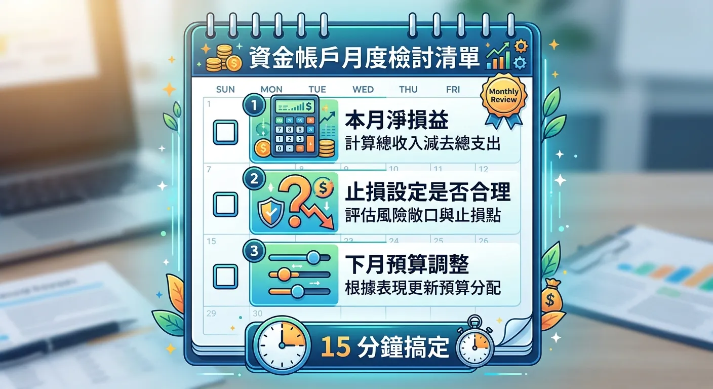 資金帳戶月度檢討清單資訊圖，以日曆頁面造型呈現，列出三個檢查項目：1.本月淨損益（配計算機圖示）2.止損設定是否合理（配問號圖示）3.下月預算調整（配調整滑桿圖示），底部有「15 分鐘搞定」的時鐘標示