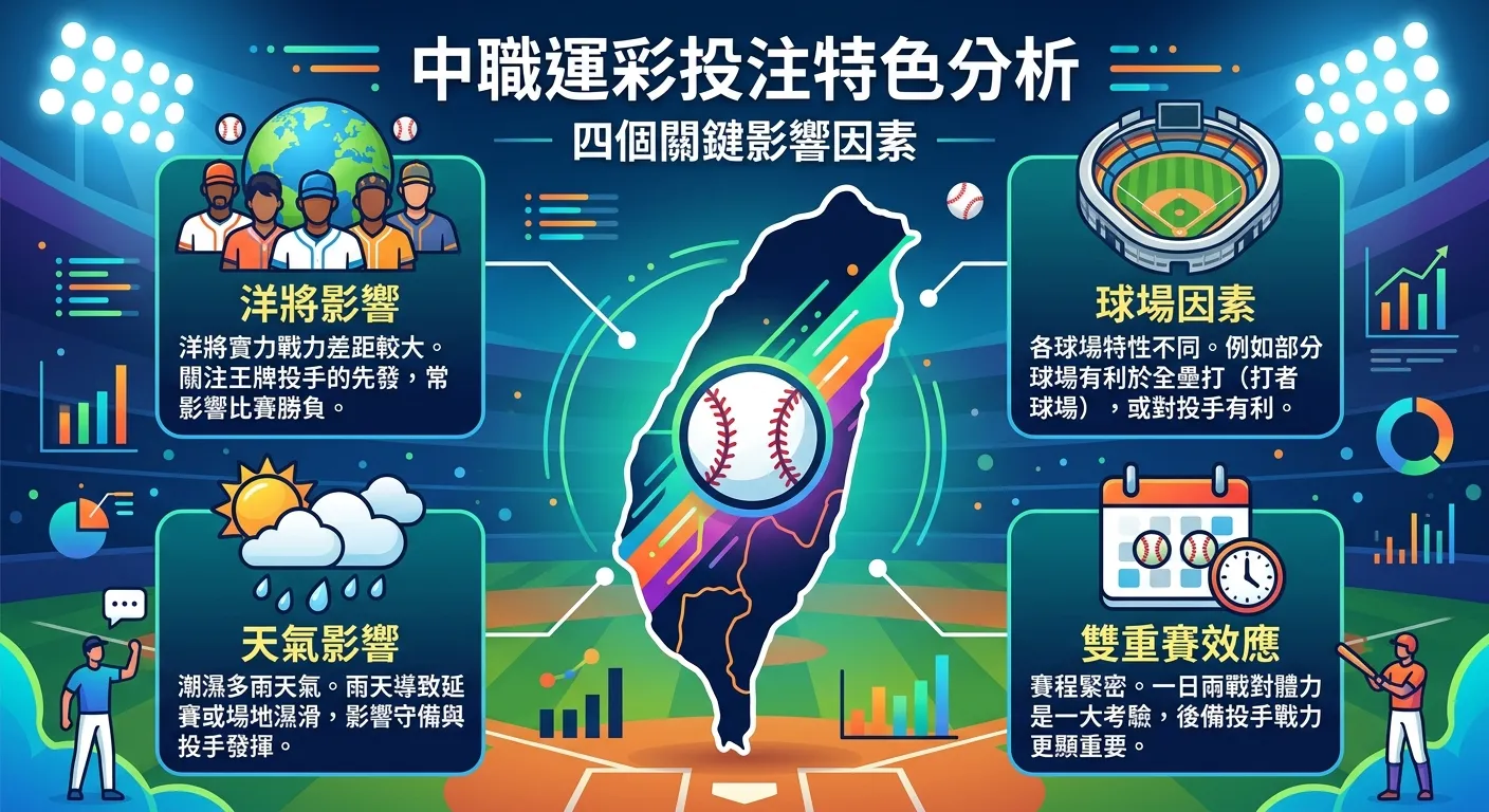 中職運彩投注特色分析圖，中央為台灣島嶼輪廓配上棒球圖示，四角分別標示四個特殊因素：洋將影響（外國人圖示）、球場因素（球場俯瞰圖示）、天氣影響（太陽雨滴圖示）、雙重賽效應（日曆圖示），每個因素附有簡短說明。