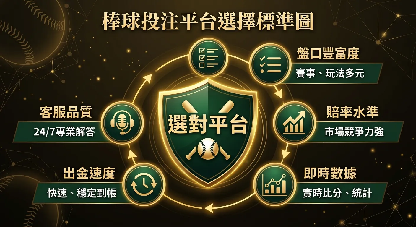 棒球投注平台選擇標準圖，中央為一個盾牌圖示代表「選對平台」，周圍環繞五個評選指標：盤口豐富度（清單圖示）、賠率水準（向上箭頭圖示）、即時數據（圖表圖示）、出金速度（時鐘圖示）、客服品質（耳機圖示），整體配色使用深色金色系與深墨綠。