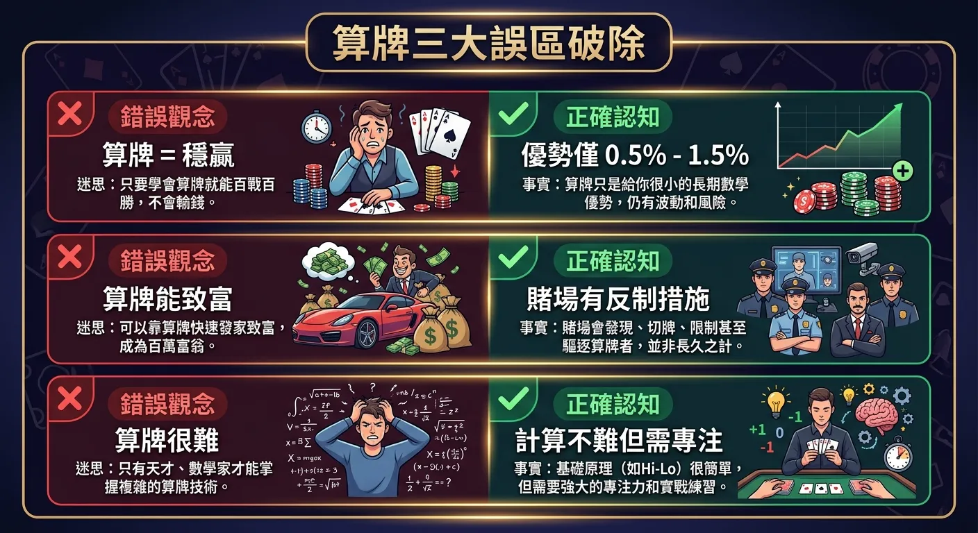 算牌三大誤區破除資訊圖，以三個橫列呈現，每列左側為紅色 X 的錯誤觀念（算牌=穩贏、算牌能致富、算牌很難），右側為綠色勾的正確認知（優勢僅 0.5%-1.5%、賭場有反制措施、計算不難但需專注），金色分隔線，深色背景。
